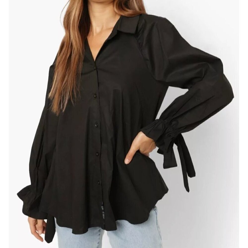 Nu-In Tie Cuff Oversized Poplin Shirt Black Cotton Size M Dark Feminine Boho